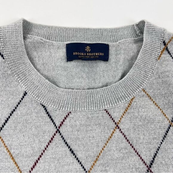 Brooks Brothers Mens Merino Wool Sweater M Light Gray Red Yellow Argyle … - Picture 5 of 10